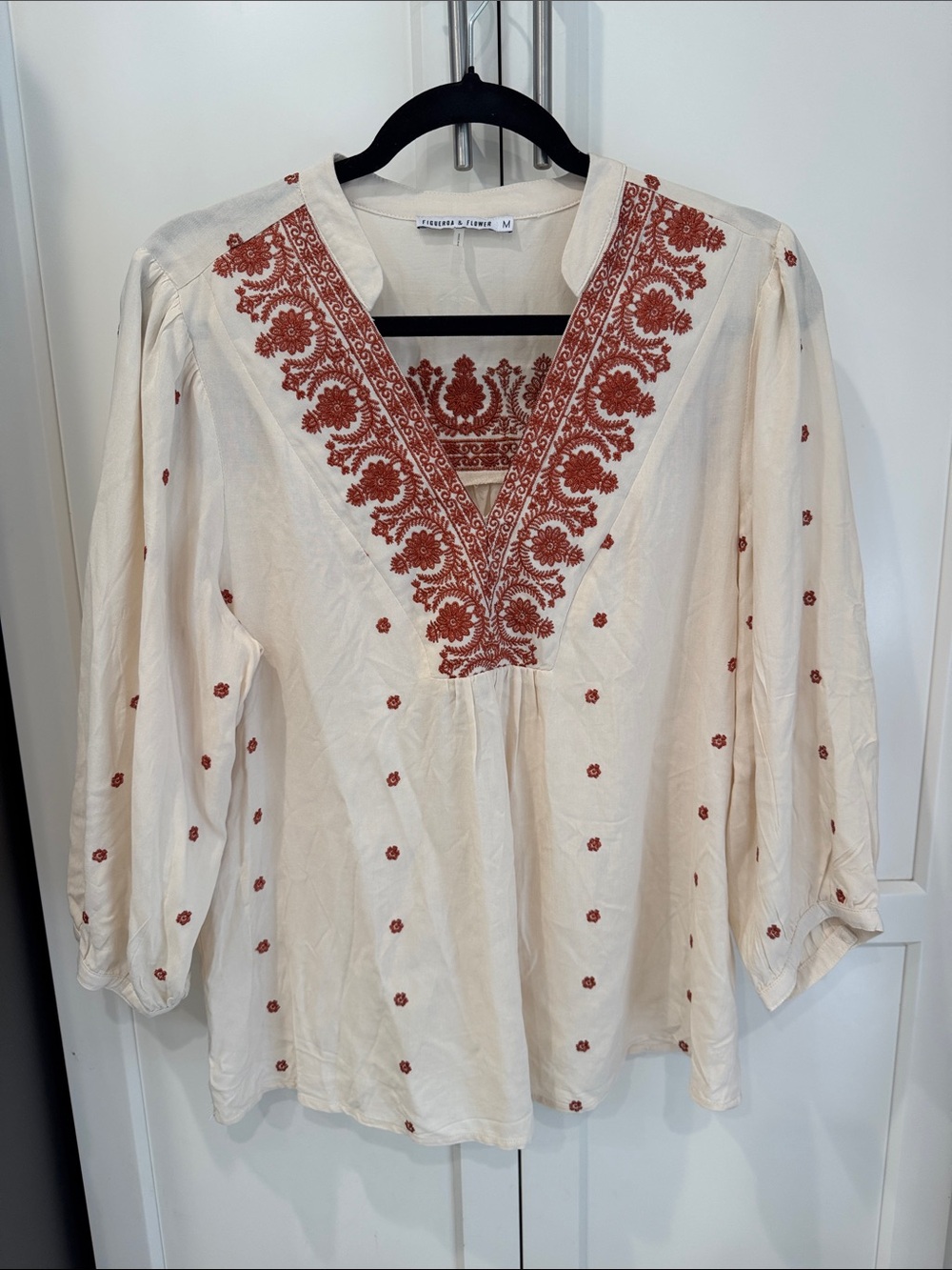Embroidered Cream Tunic with Rust Floral V-Neck